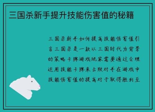 三国杀新手提升技能伤害值的秘籍